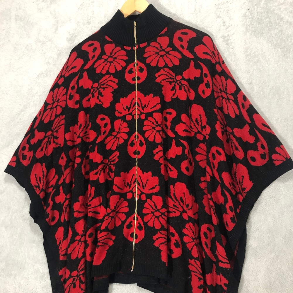 Black Rivet Floral Poncho Zip Up Sweater Cape Red Black M